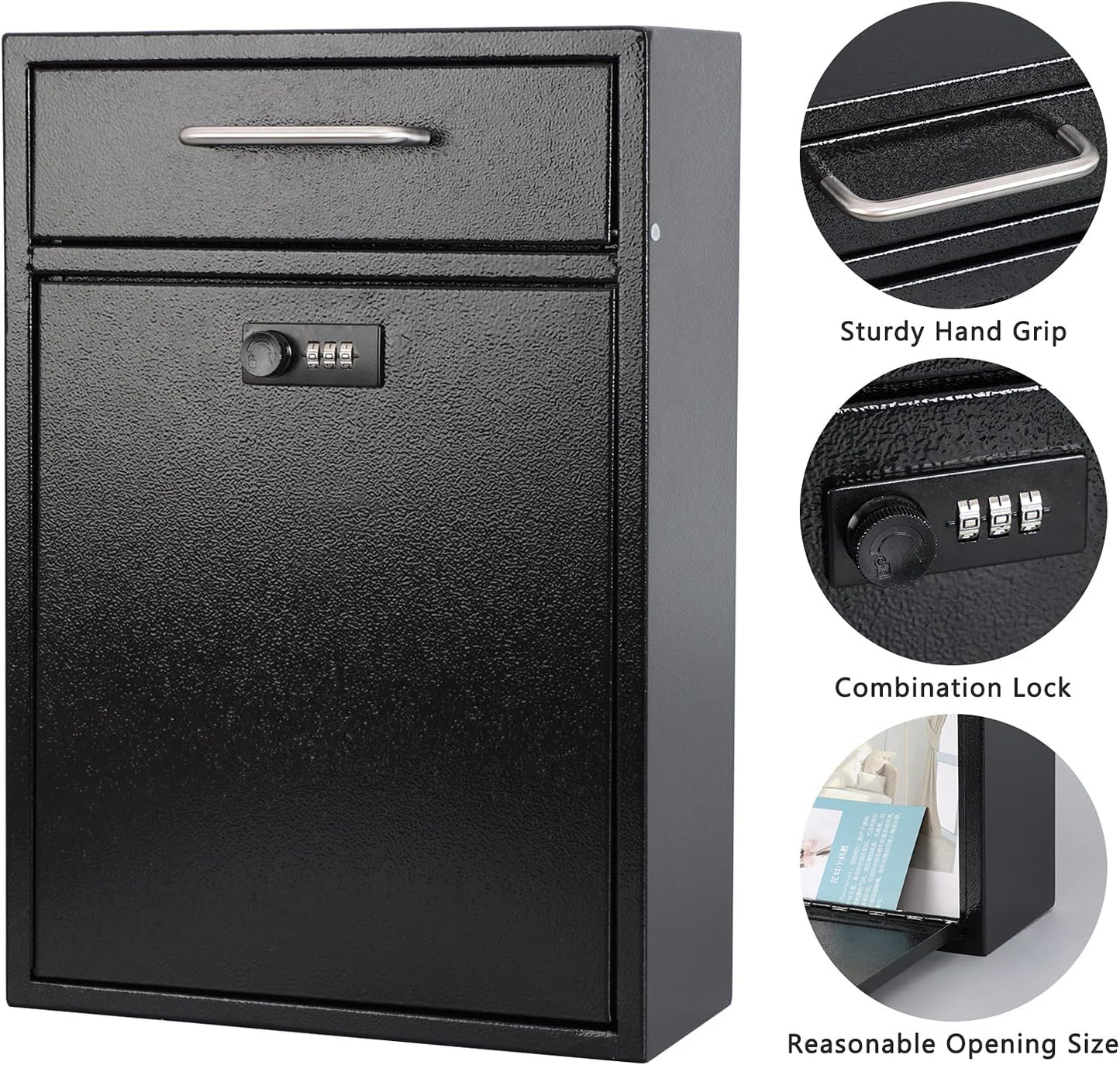 Secure Wall-Mount Mailbox with Lock | KYODOLED Large Steel Drop Box, Black, 16.2H x 11.22L x 4.72W