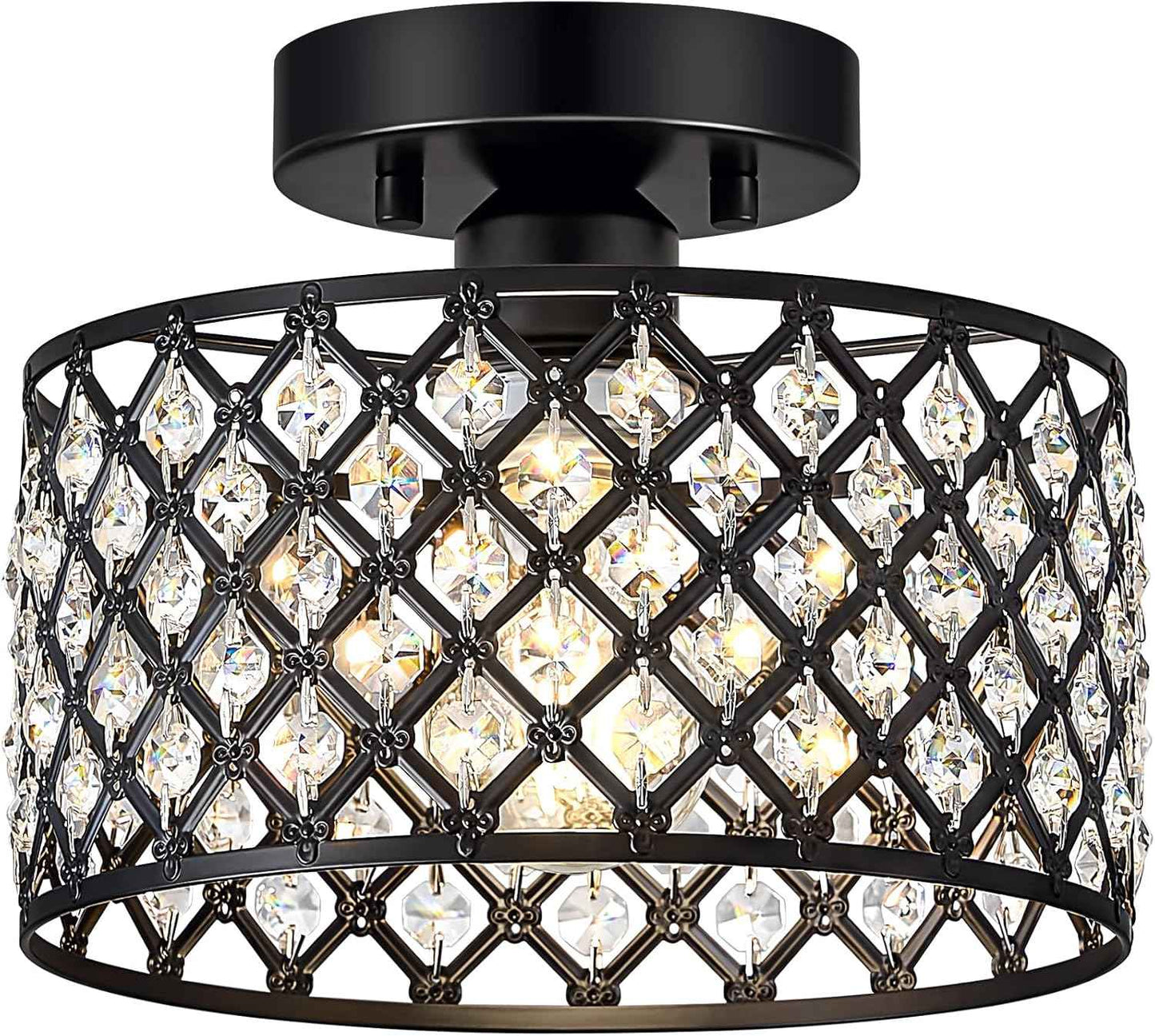 Modern Black Crystal Semi Flush Mount Ceiling Light Fixture - 11.2" Round Chandelier for Dining Room, Hallway, Kitchen & Bedroom