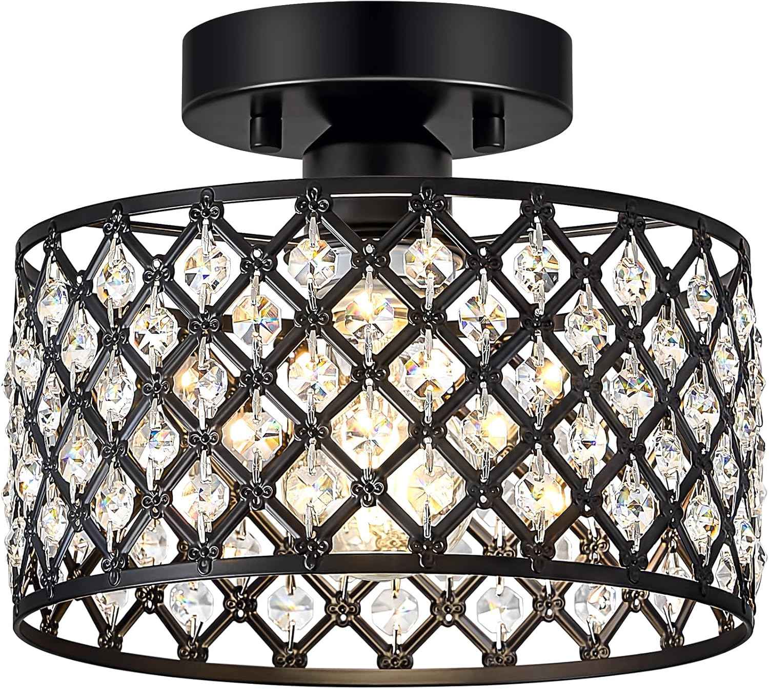 Modern Black Crystal Semi Flush Mount Ceiling Light Fixture - 11.2" Round Chandelier for Dining Room, Hallway, Kitchen & Bedroom
