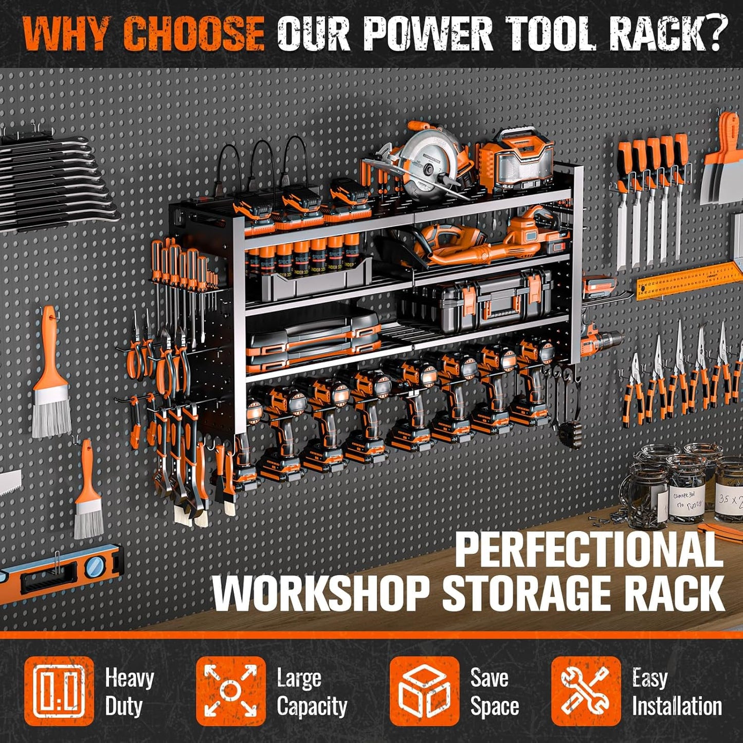 Heavy Duty Wall Mount Power Tool Organizer with Charging Station & 10 Drill Holders