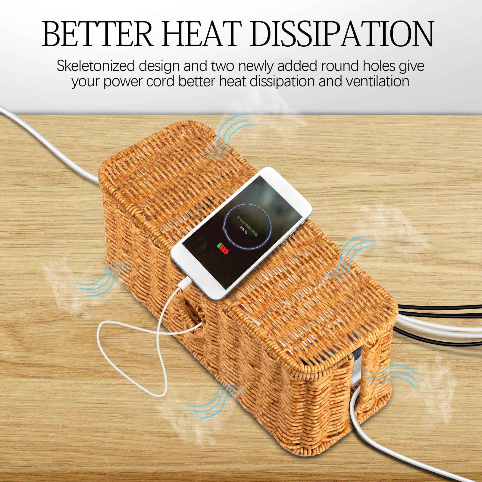 Rattan Cable Management Box Handwoven Cord Organizer Box, 4 Open Slots Cords Hider Box Under Desk Cable Management Suitable for TV Cables Computers Routers Power Cords to Hide and Organize