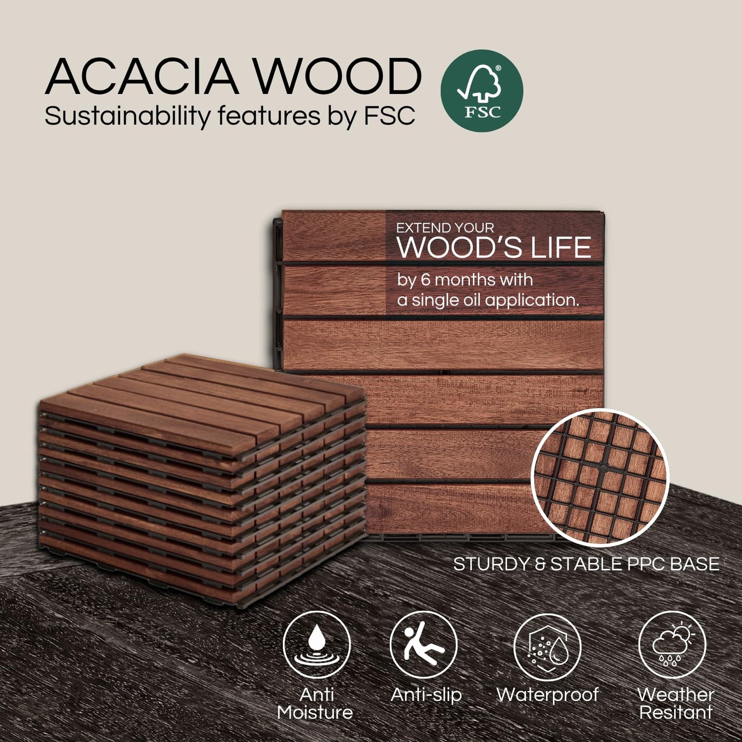 Outdoor Waterproof Acacia Wood Deck Tiles - 10 Pcs Patio Flooring for All Weather Use