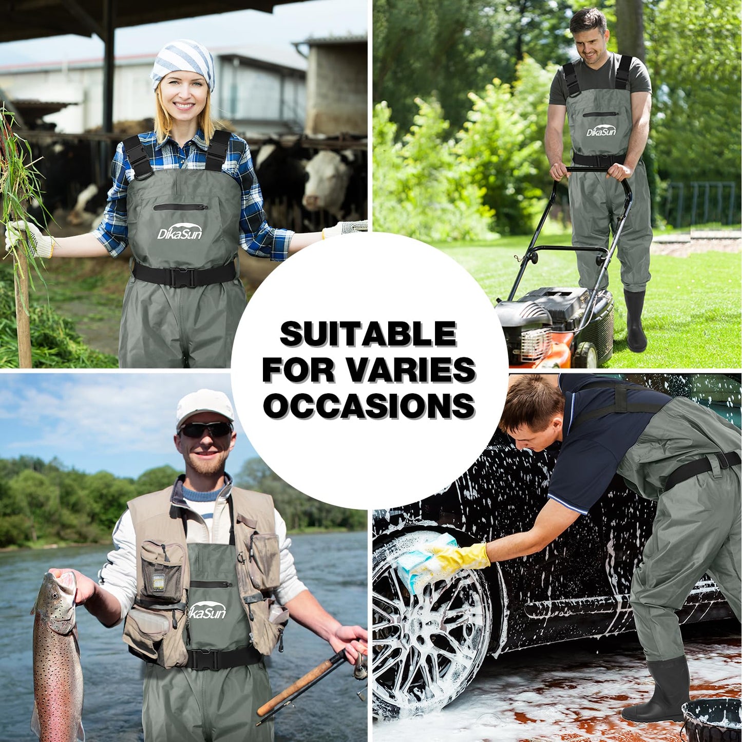 DikaSun Fishing Waders for Men & Women, Waterproof 2-Ply Nylon/PVC Chest Wader with Boots for Outdoor Sizes 4-13 Bootfoot(Grey, M4/W6)