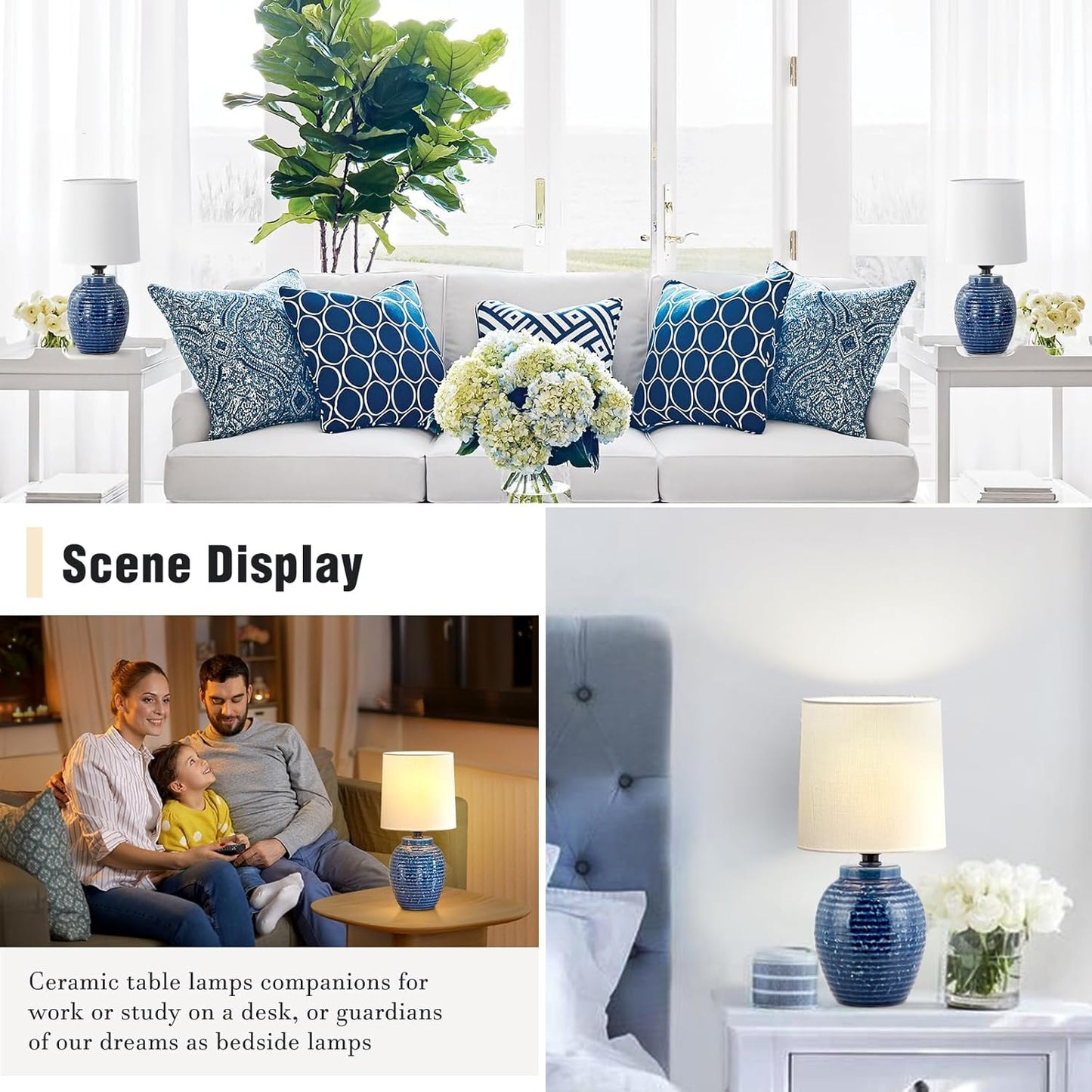 Boho Table Lamps Set of 2 - 13.5" Rustic Ceramic Bedside Lamps for Bedroom & Living Room