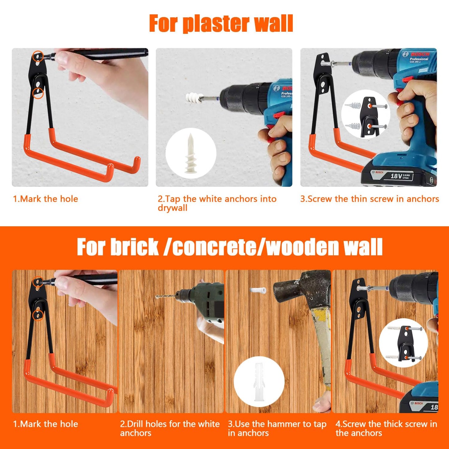 FNFAI Heavy Duty Garage Storage Hooks,2 Pack Utility Steel Garage Tool Organizer Wall Mount for Hanging Power and Garden Tools Ladders Hoses Bikes Ropes & Bulk Items