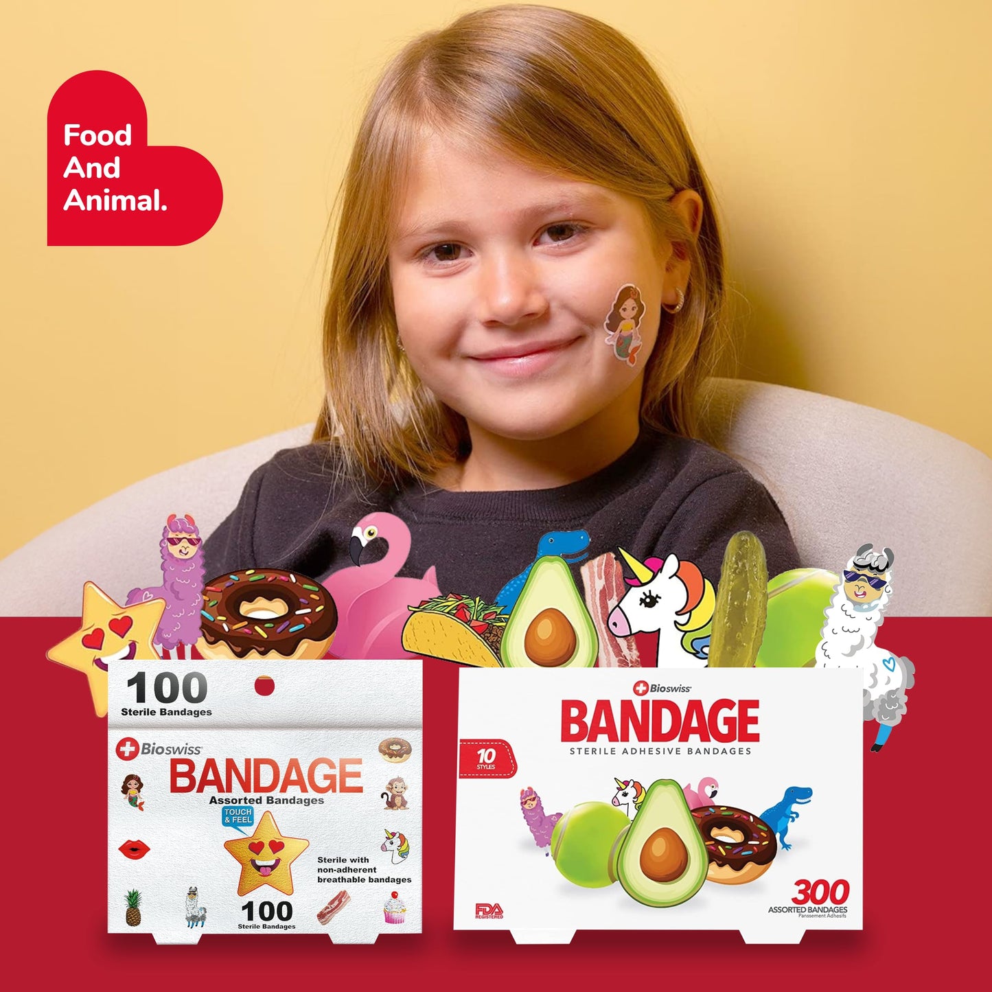 BioSwiss Bandages, Assorted Animal, Fun, and Food Shaped Self Adhesive Bandage Set, Latex Free, Sterile Wound Care, 100 Count