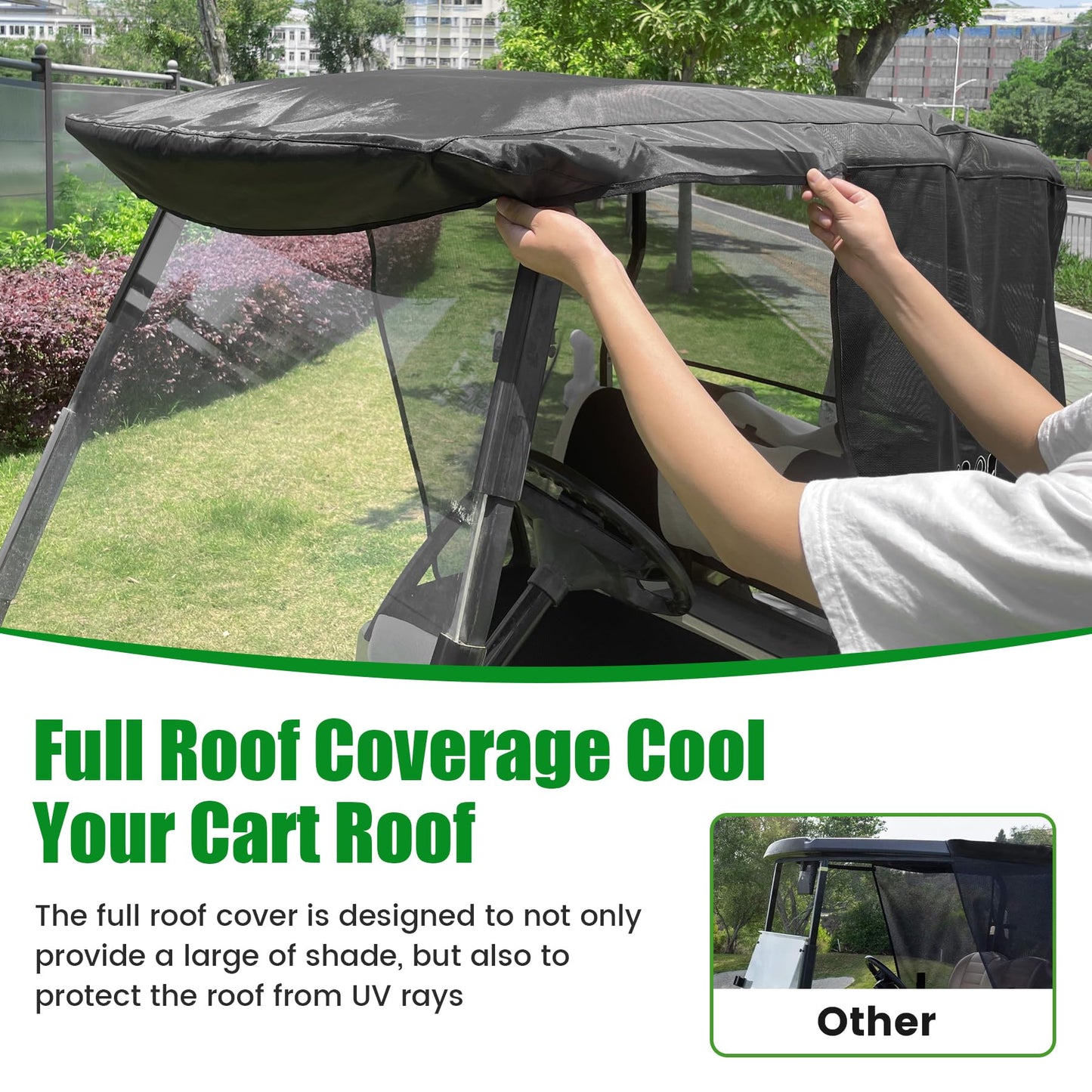 10L0L 2-Passenger Golf Cart Sun Shade Cover for Yamaha G29 Drive 2007-2016, 3 Sides Roll Up, Heat Reflective Layer & Breathable Mesh Sunshade Screen, Foldable UV Heat Resistant (Roof: 63" L X 45" W)