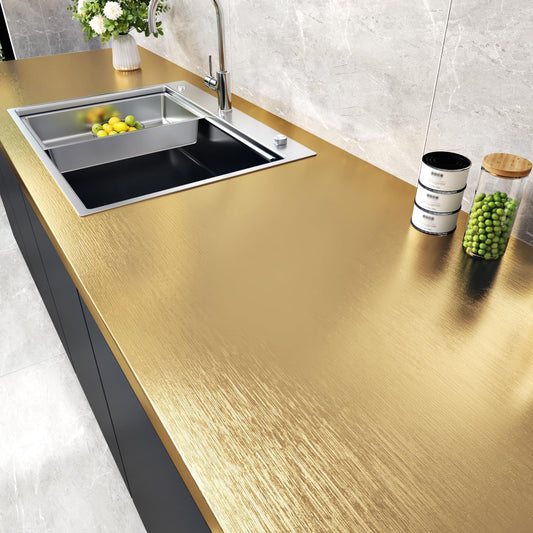 WESTICK Stainless Steel Gold Contact Paper Removable Metallic Gold Wallpaper Peel and Stick Brushed Golden Contact Paper Stainless Steel Vinyl Fridge Wrap for Appliances Cabinets Countertops 15.8"x80"