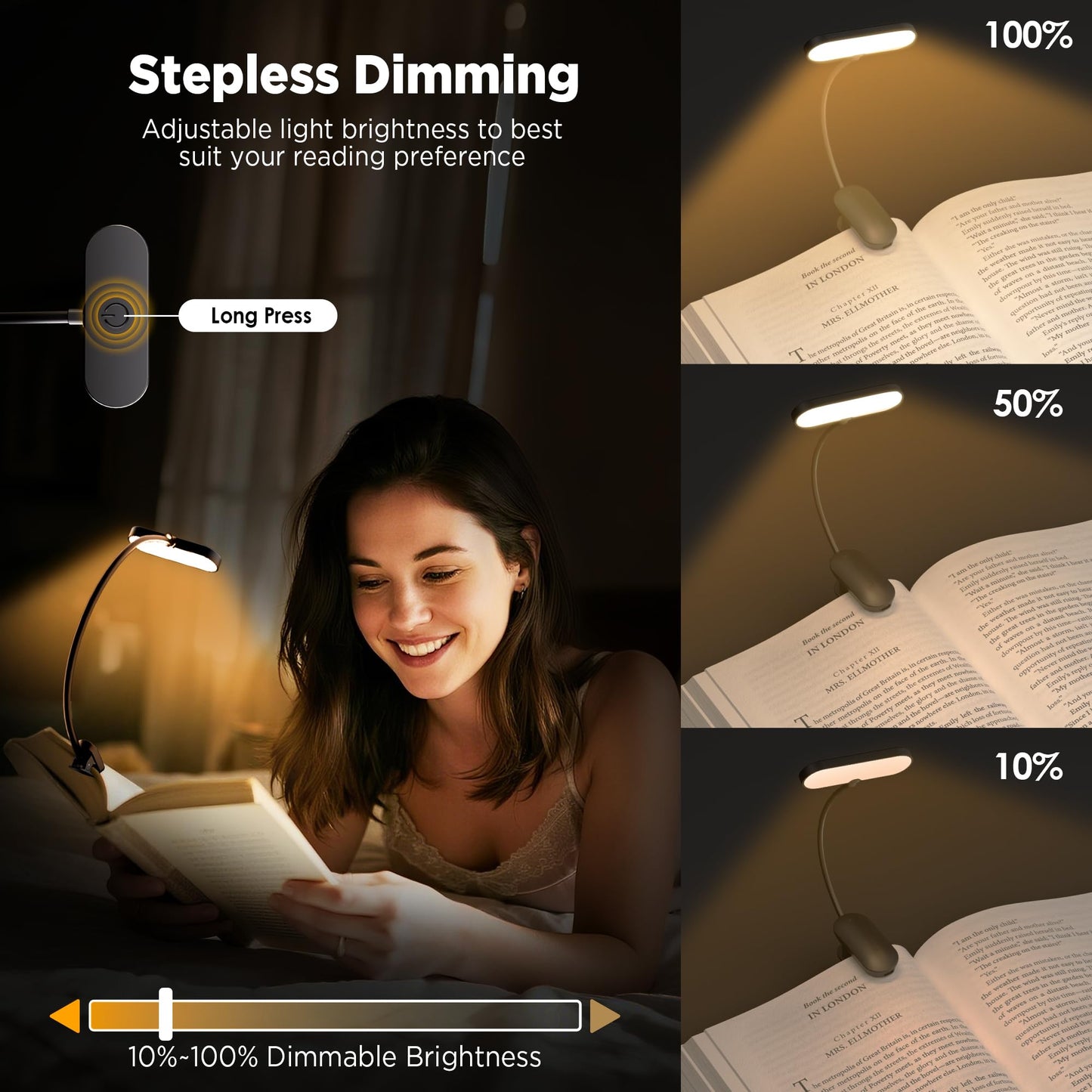 Book Light for Reading at Night - 3 Color Modes & 70 Hours Runtime Reading light for books in bed, Rechargeable LED Book Light Clip On with Flexible Neck, Eye-Care, Gift for Book Lovers, Matte Black