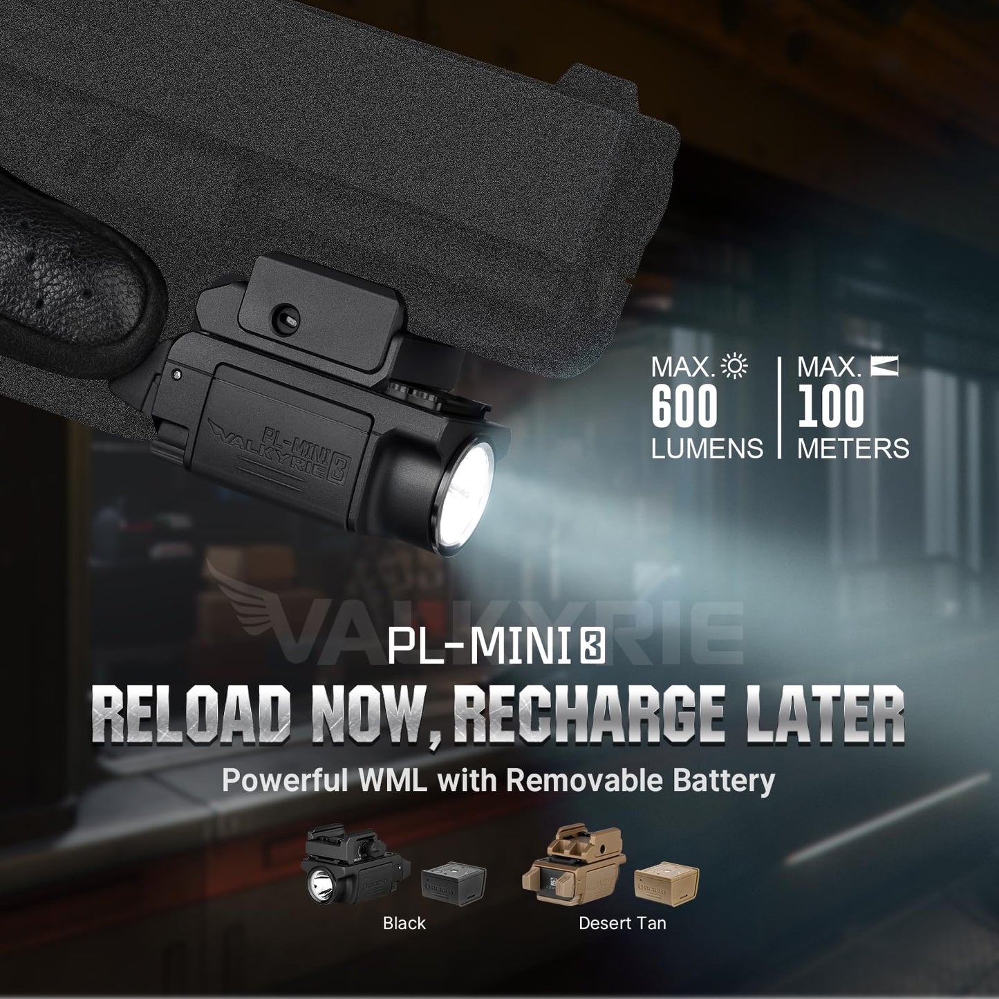 OLIGHT PL-Mini 3 Valkyrie 600 Lumens Compact Tactical Picatinny/GL/Hellcat Rail-Mounted Weaponlight with Two Included Rechargeable and Removable Battery, Pistol Light with Strobe Mode (Black)