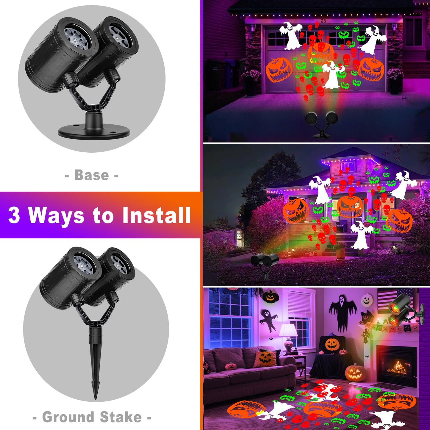 Nielfoi Upgraded Halloween Projector Lights Outdoor, Double Head Dynamic Projector Lights Indoor, 360° Rotating Waterproof Pumpkin Ghost Skeleton Bats Projection Light for Yard Window Party Decor