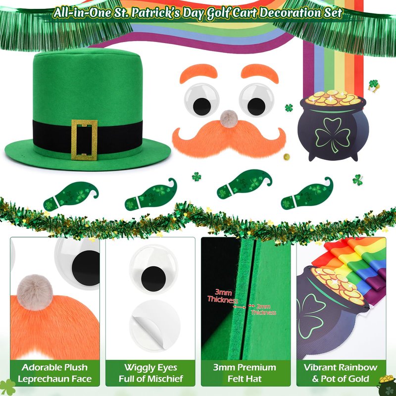 Tryly St. Patrick’s Day Golf Cart Decoration Kit, Giant Leprechaun Hat with Big Eyes & Beard, Rainbow Banner, Pot of Gold, Green Tinsel Curtain & Footprint Stickers for Irish Parade & Party Supplies
