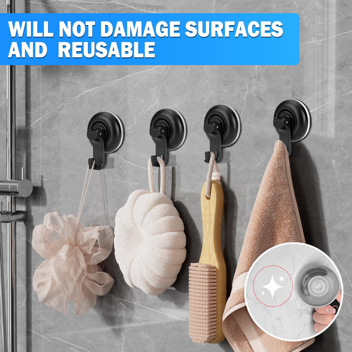 TACGEA Suction Cup Hooks for Shower, Powerful Vacuum Shower Hook for Towel, Robe, Loofah - Reuseable and Removeable Bathroom Hook, Black, 4 Pack
