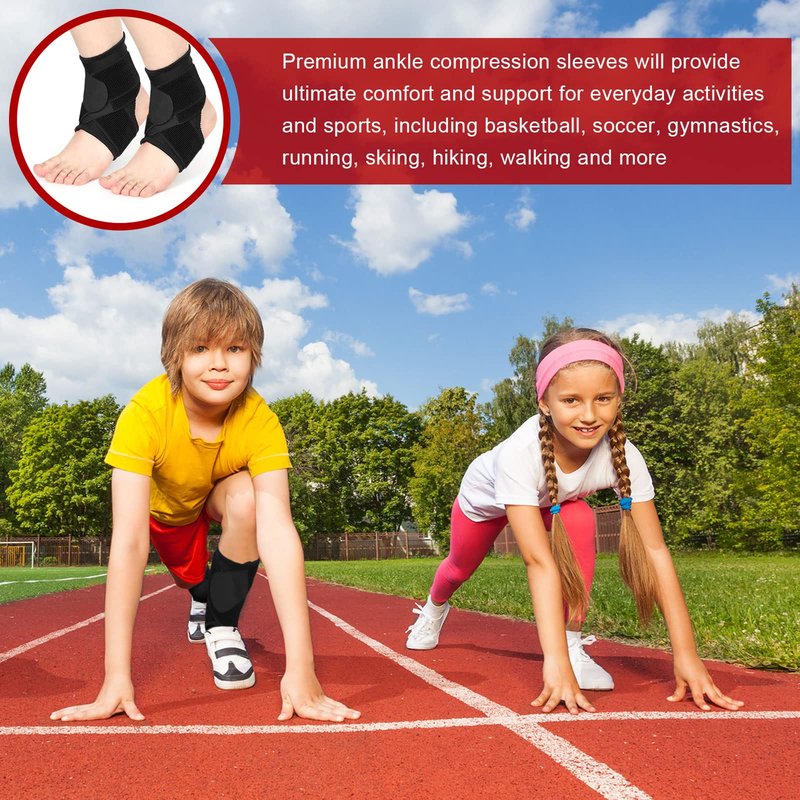 Honoson 2 Pcs Ankle Brace Kid Breathable Neoprene Ankle Support Compression Sleeve Achilles Tendonitis Relief Elastic Foot Brace with Adjustable Wrap for Sprained Plantar Fasciitis(Black,S)