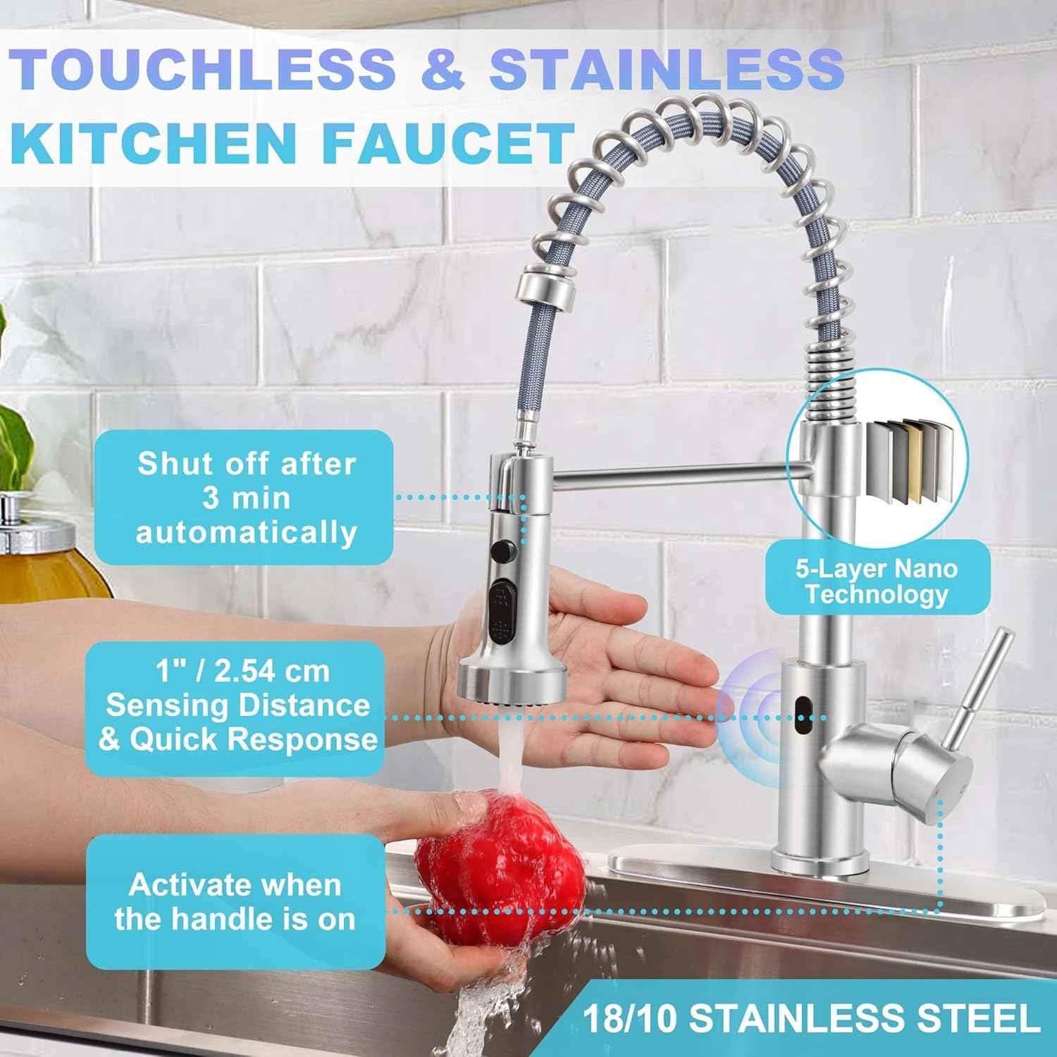 Touchless Kitchen Faucet with Soap Dispenser & Pull Down Sprayer - Commercial Grade Brushed Nickel