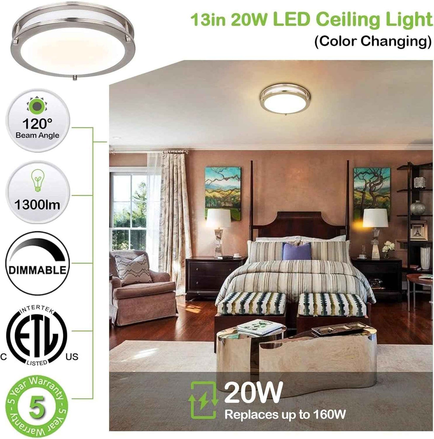 Adjustable 13-Inch Gold LED Flush Mount Ceiling Light Fixture - Dimmable 2700K-5000K for Hallway, Bathroom & Kitchen (2-Pack)