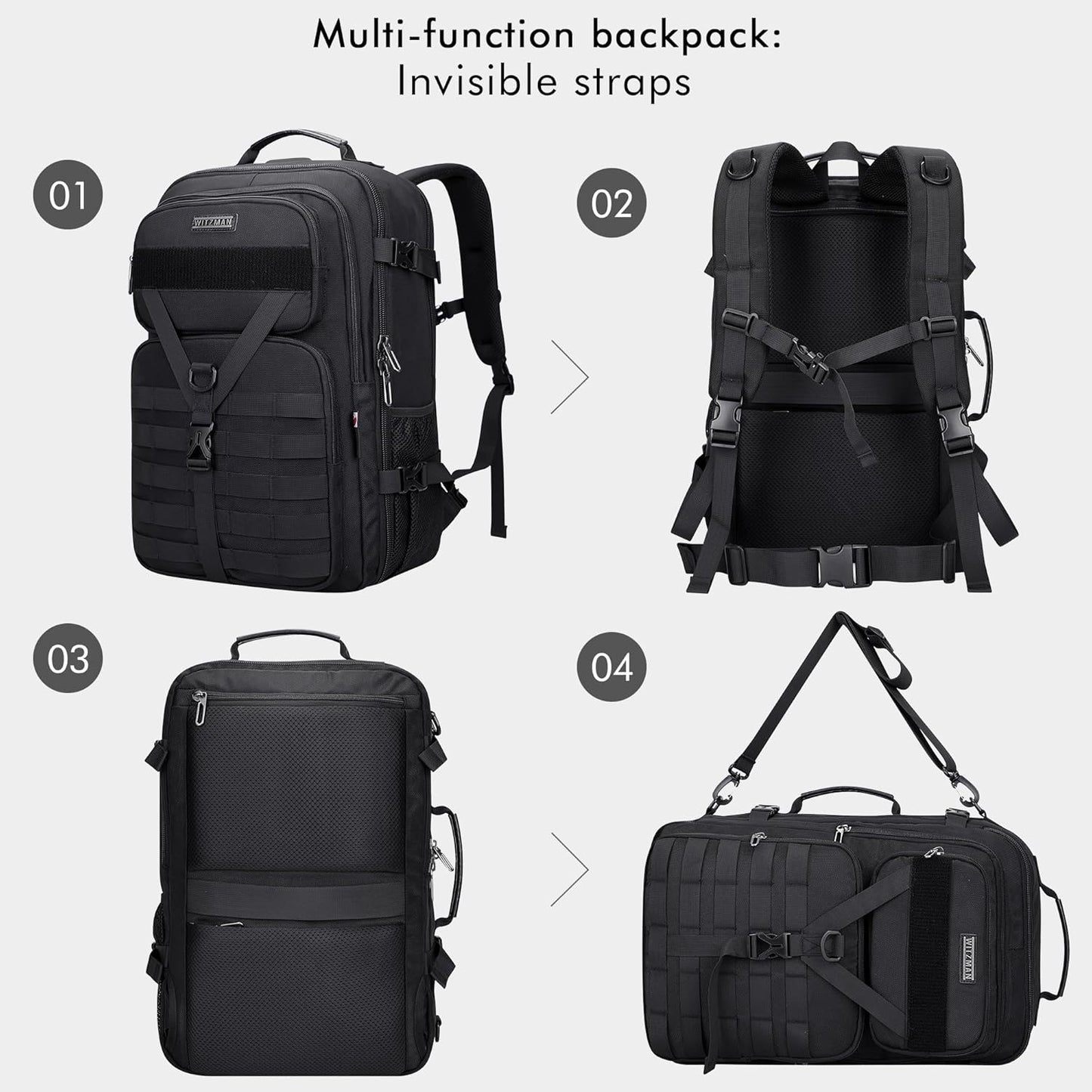 WITZMAN 45L Convertible Travel Backpack - Large 3-in-1 Design for 17-Inch Laptops | Airline Approved (B688 Black)