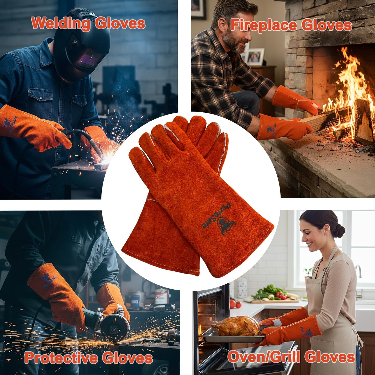 PerfeSafe Welding Gloves 14 Inches, 932℉ Heat Fire Resistant Leather Welding Gloves for Tig/Mig/Stick, Mitts for BBQ/Oven/Grill/Fireplace/Furnace/Stove/Animal Handling Gloves with Soft Lining (Red)
