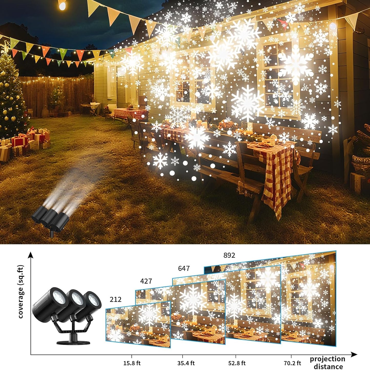 Upgraded Snowflake Christmas Projector Lights - Triple Head LED Outdoor Decor with Timer