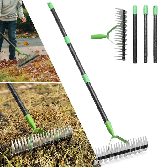 Thatch Rake, 13" Wide Efficient Dethatcher Rake with 55" Adjustable Long Handle, Heavy Duty Steel Metal Dethatching Rakes for Cleaning Dead Grass, Loosening Soil, Lawn Care in Yard Garden