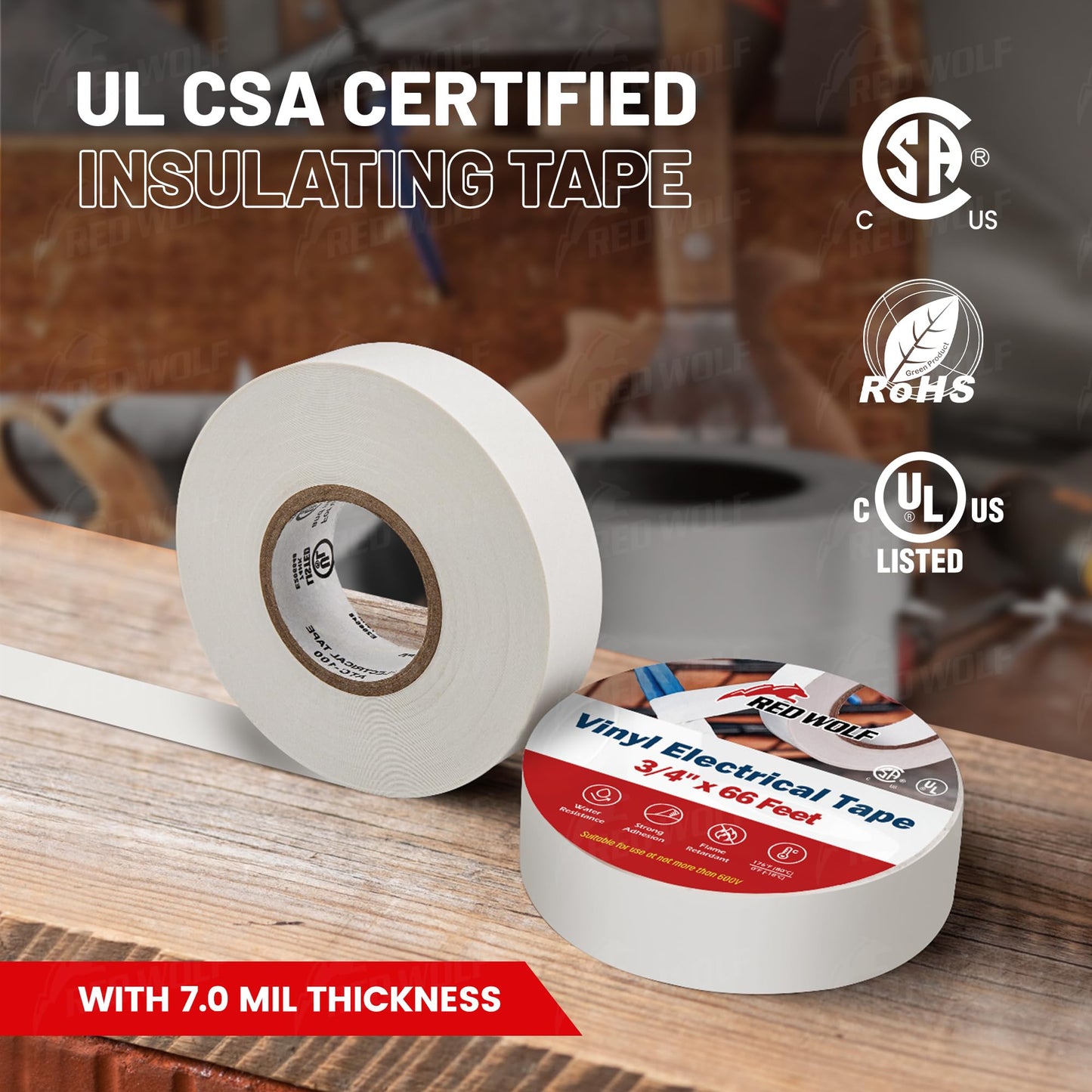 RED WOLF White Electrical Tape 3/4 in x 66ft 3 Pack, Industrial Grade UL/CSA Listed 7 Mil Thick Flame Retardant High Temp Waterproof Electrical PVC Tape Electric Super Vinyl Rated 600V
