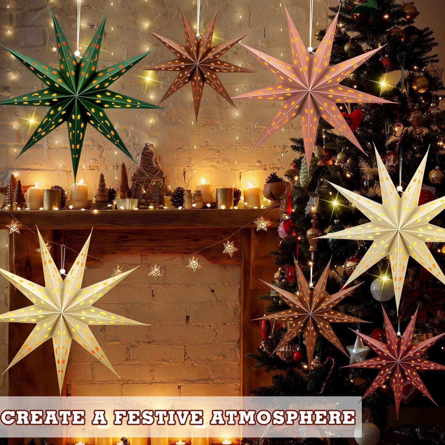 Fullhawl 5 Set 3D Paper Star Lantern - 9 Pointed Hanging Star Lampshade for Xmas Wedding Birthday Party Decor(Brown, Green, Beige, Red, 24 Inch)
