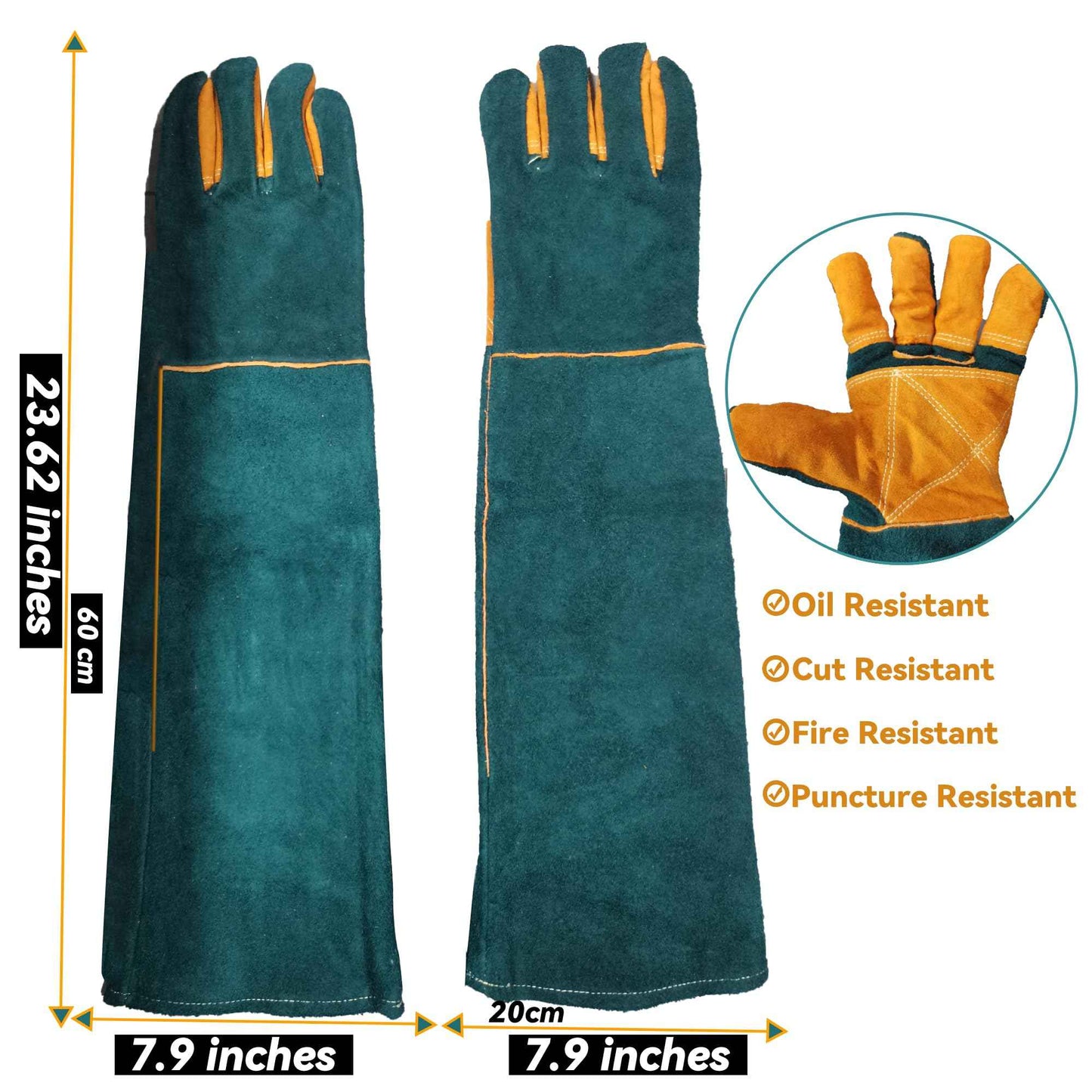 FelRelWel Animal Handling Gloves,23.6" Long Sleeves Gauntlet,Safety Work Glove, Cowhide Leather Anti Bite Glove Confront Pet Cat Bird Bite,Proof Gloves for Dogs Training, Dark Green,1 Pair