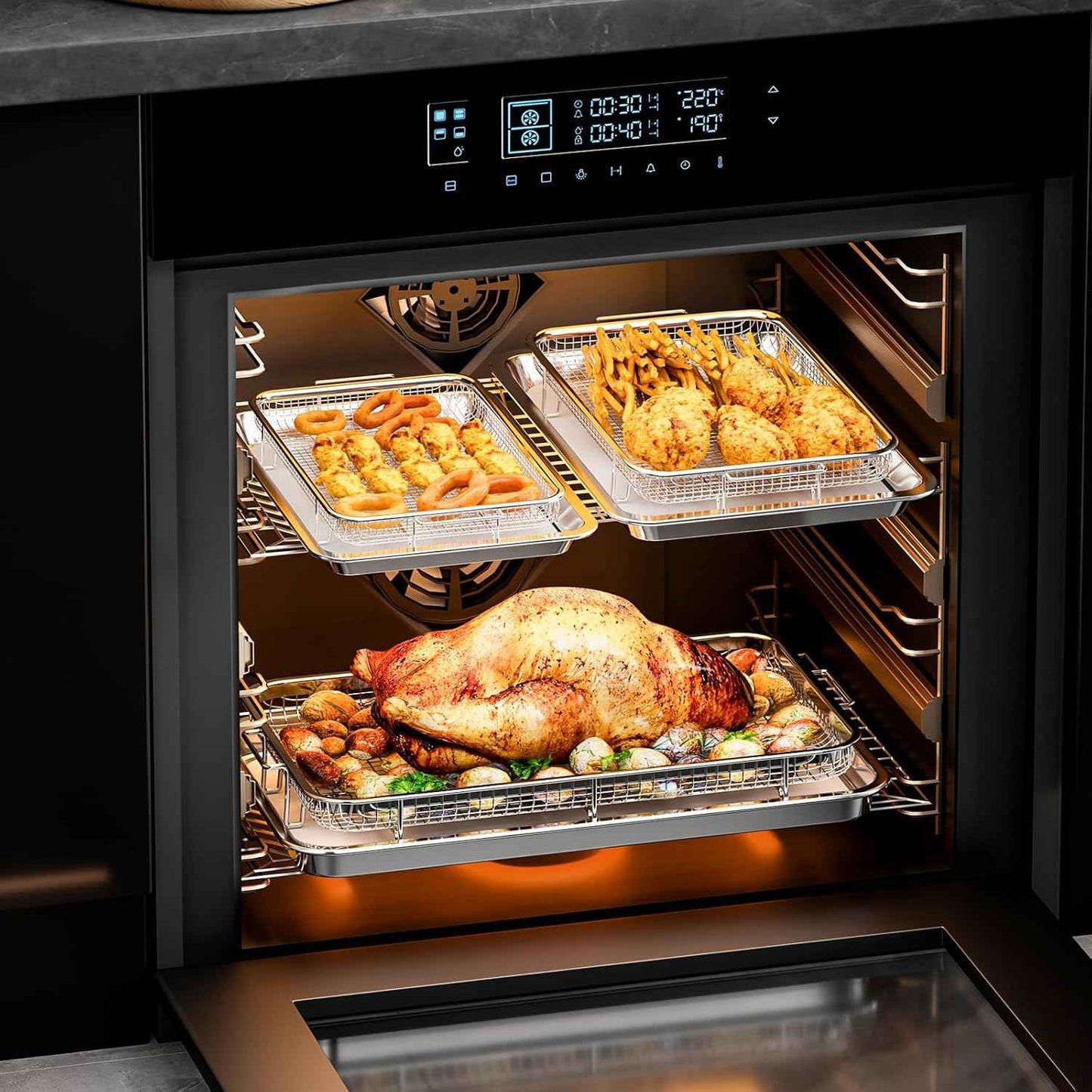 Air Fryer Basket Set with Parchment Papers - Non-Stick Stainless Steel Trays (2 Sizes)