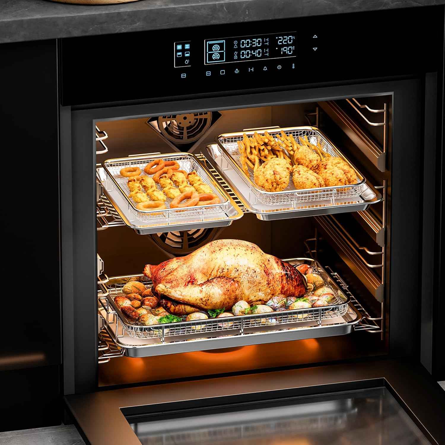 Air Fryer Basket Set with Parchment Papers - Non-Stick Stainless Steel Trays (2 Sizes)