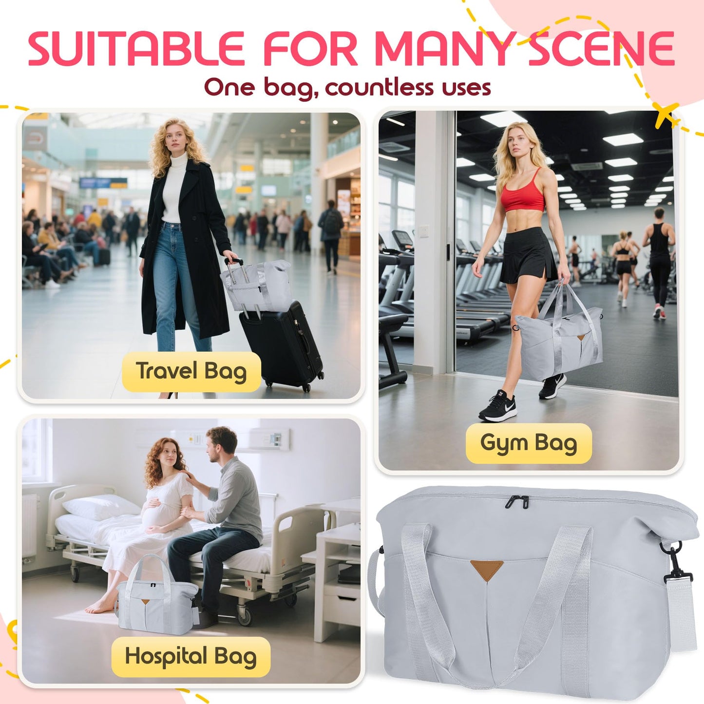 Magimack Duffle Bag for Travel, Carry-on Travel Bag with Trolley Sleeve, Sport Gym Bag for Women, Overnight Bag for Men, Hospital Bag for Labor and Delivery (Grey)