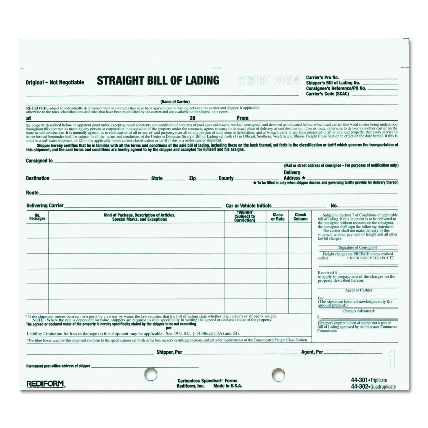 Rediform Bill of Lading, Snap-A-Way Design, Carbonless Triplicate Forms, 8.5" x 7", 250 Freight Forms (44301)