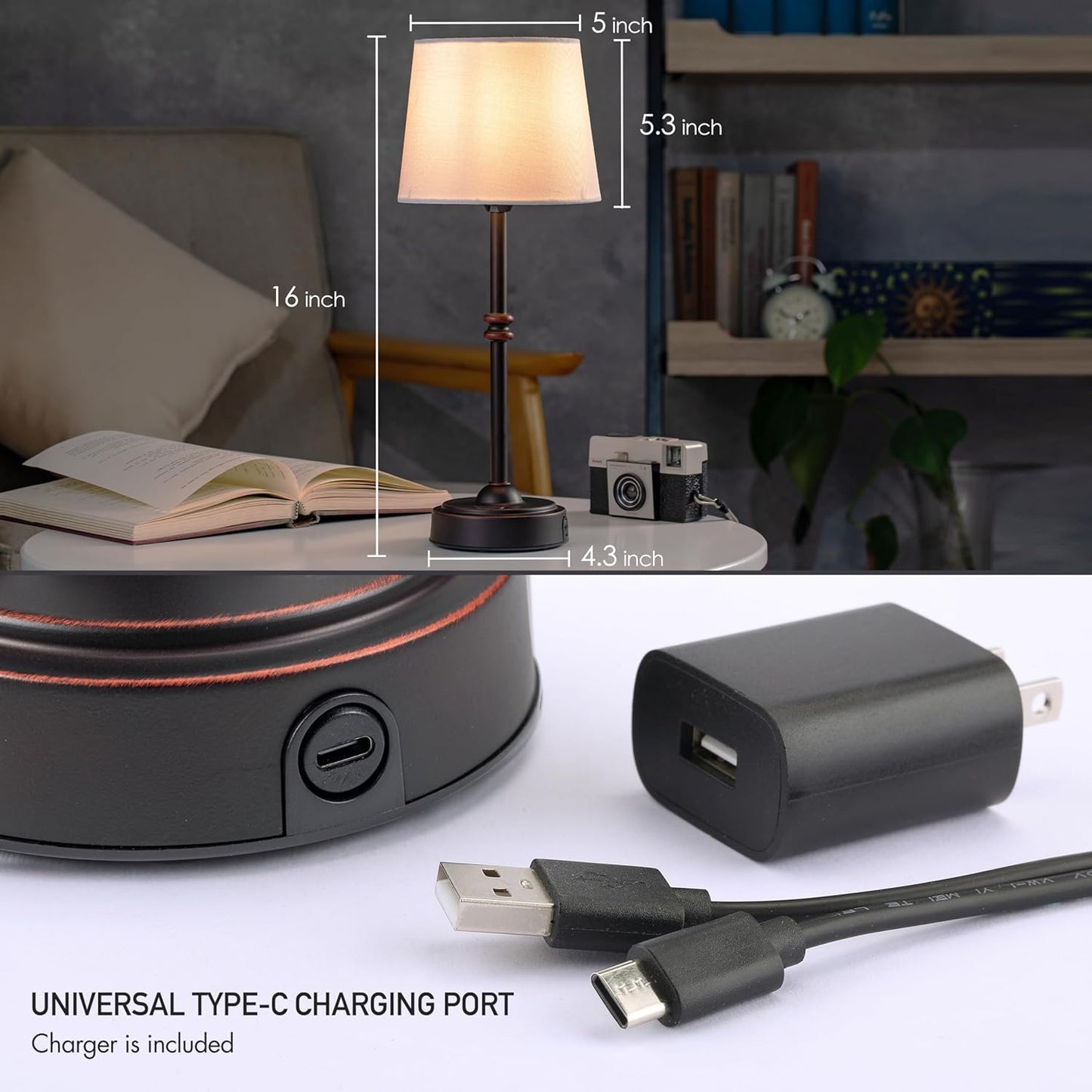 Cordless LED Table Lamp with Dimmer - O’Bright Seraph, Rechargeable Battery, 3-Level Brightness, Perfect for Patio & Bedside