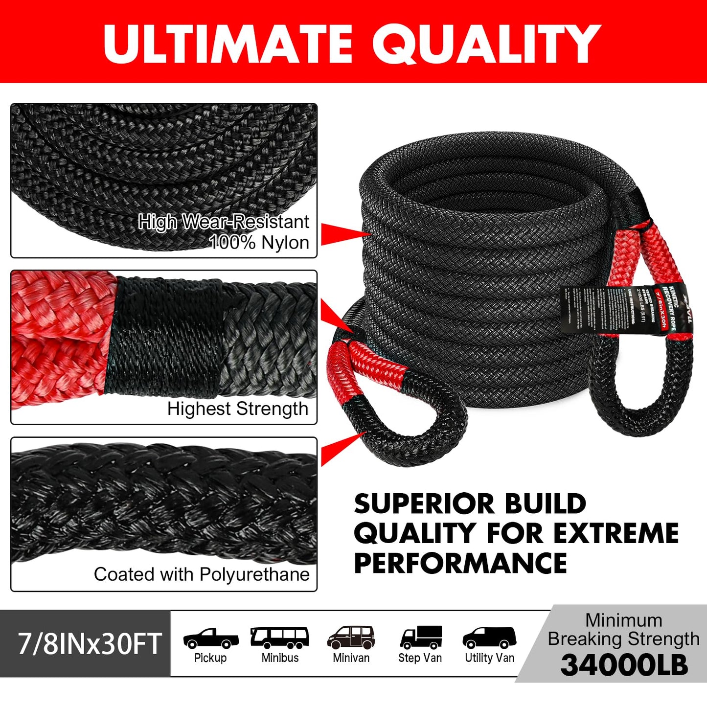 X-BULL Kinetic Rope Recovery Kit 7/8 Inches x 30Ft Kinetic Recovery Rope (34000 LBS),Heavy Gloves and Soft Shackles for UTV, ATV Truck and Car