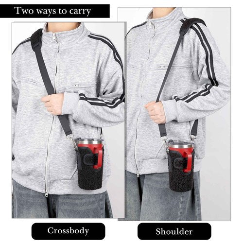 Linkidea Tumbler Carrier with Strap Compatible with Iron °Flask Grip Coffee Mug 16oz, Polar Fleece Mug Sling Bag Holder with Shoulder Strap (Black)