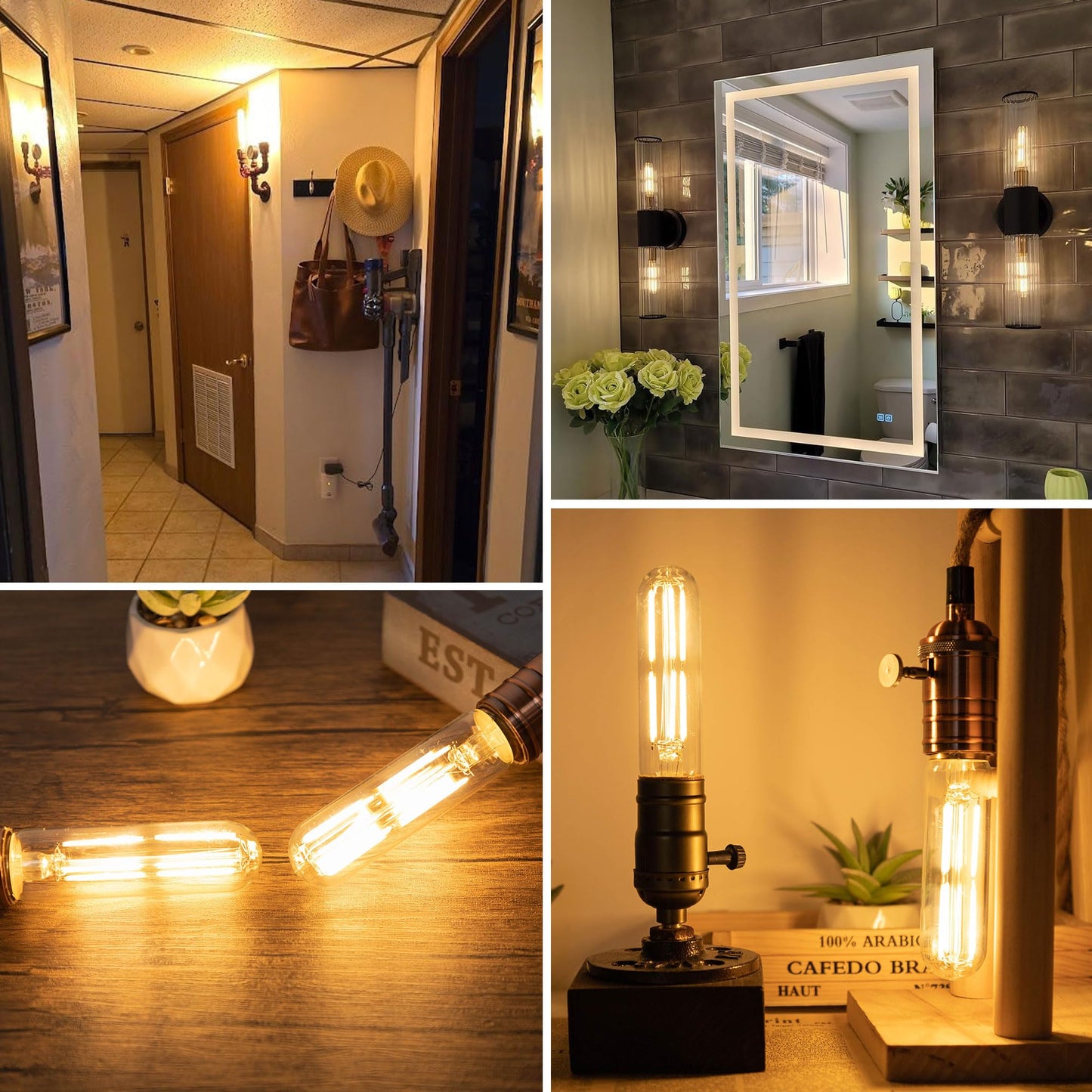 Dimmable E26 T10 LED Bulb Tube Light Bulbs 6W(60W Equivalent),Tubular Light Bulb Type T Long Thin Skinny Light Bulbs for Curio Cabinet,Piano Light,Chandelier,Hutch,2700K Solf White 600LM,2 Pack