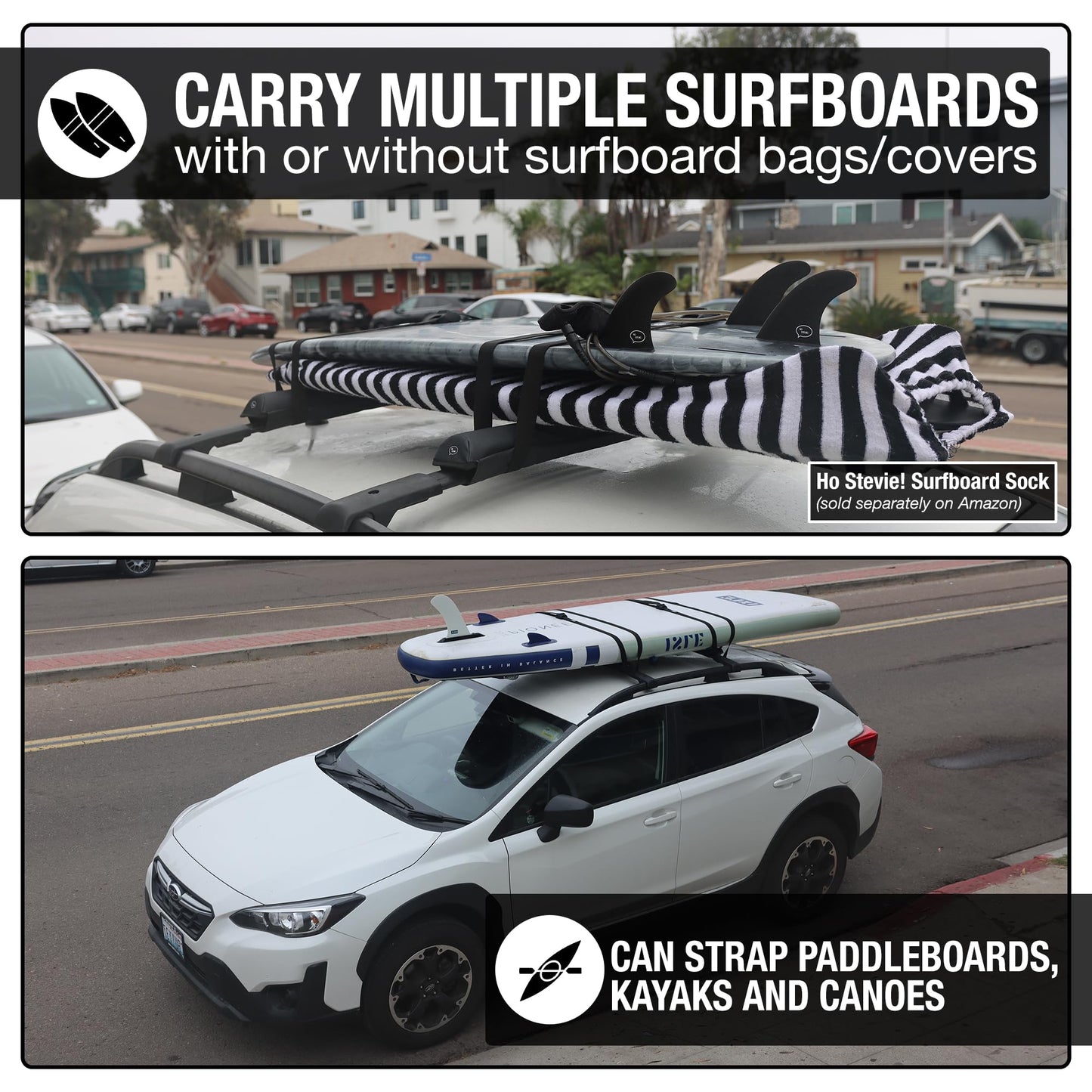 Ho Stevie! Surfboard Tie Down Straps (Pair) for Roof Rack Crossbars - Easy to Use - 'No Scratch' Silicone Buckle Covers Prevent Damage