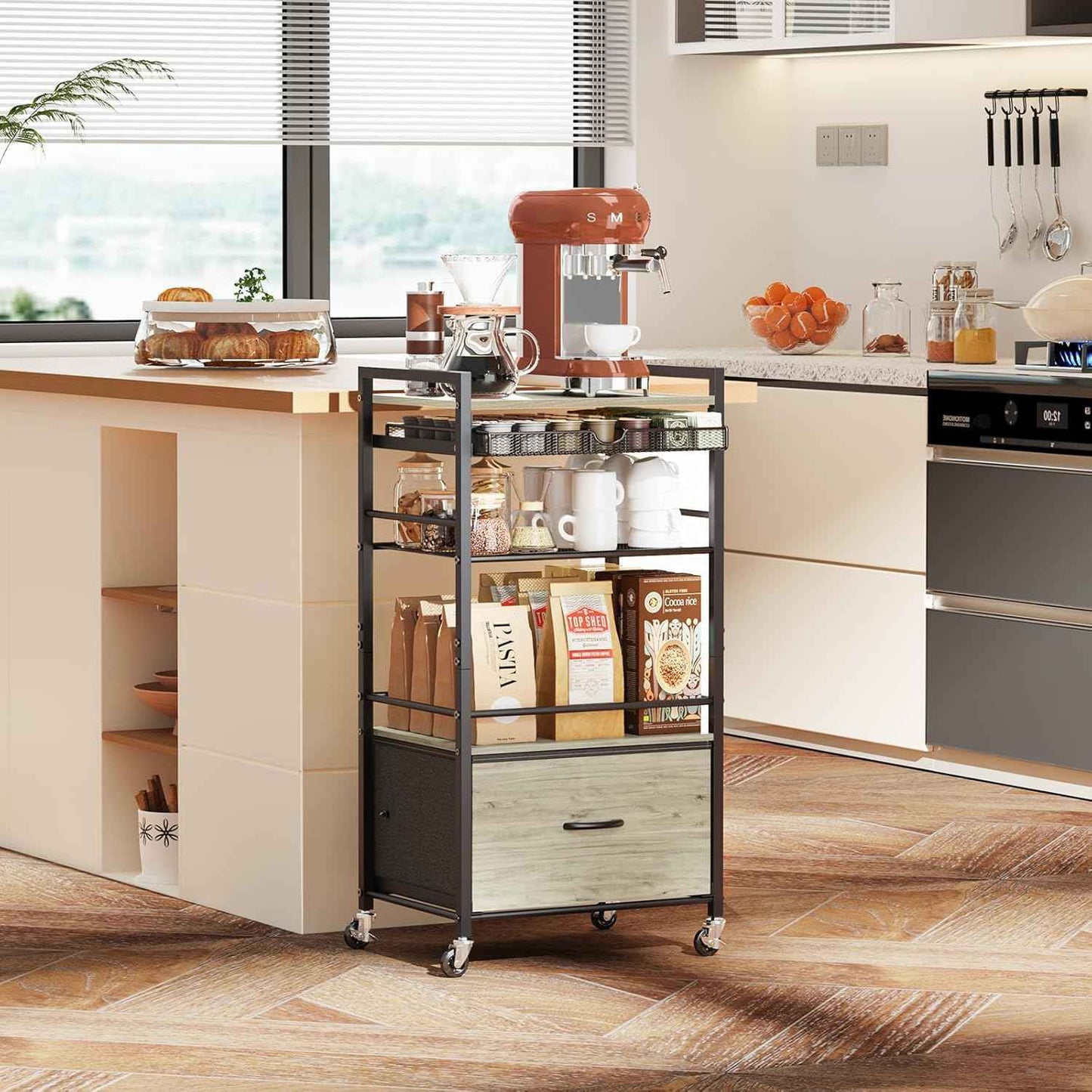 Modern White Coffee Bar Cabinet on Wheels - 5-Tier Storage Station with Drawer for Home Kitchen & Liquor Buffet