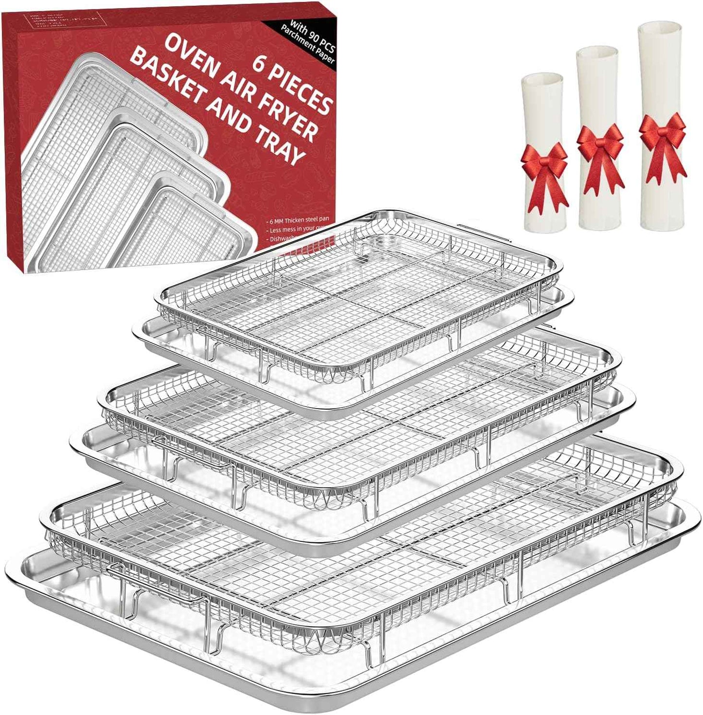 Air Fryer Basket Set with Parchment Papers - Non-Stick Stainless Steel Trays (2 Sizes)