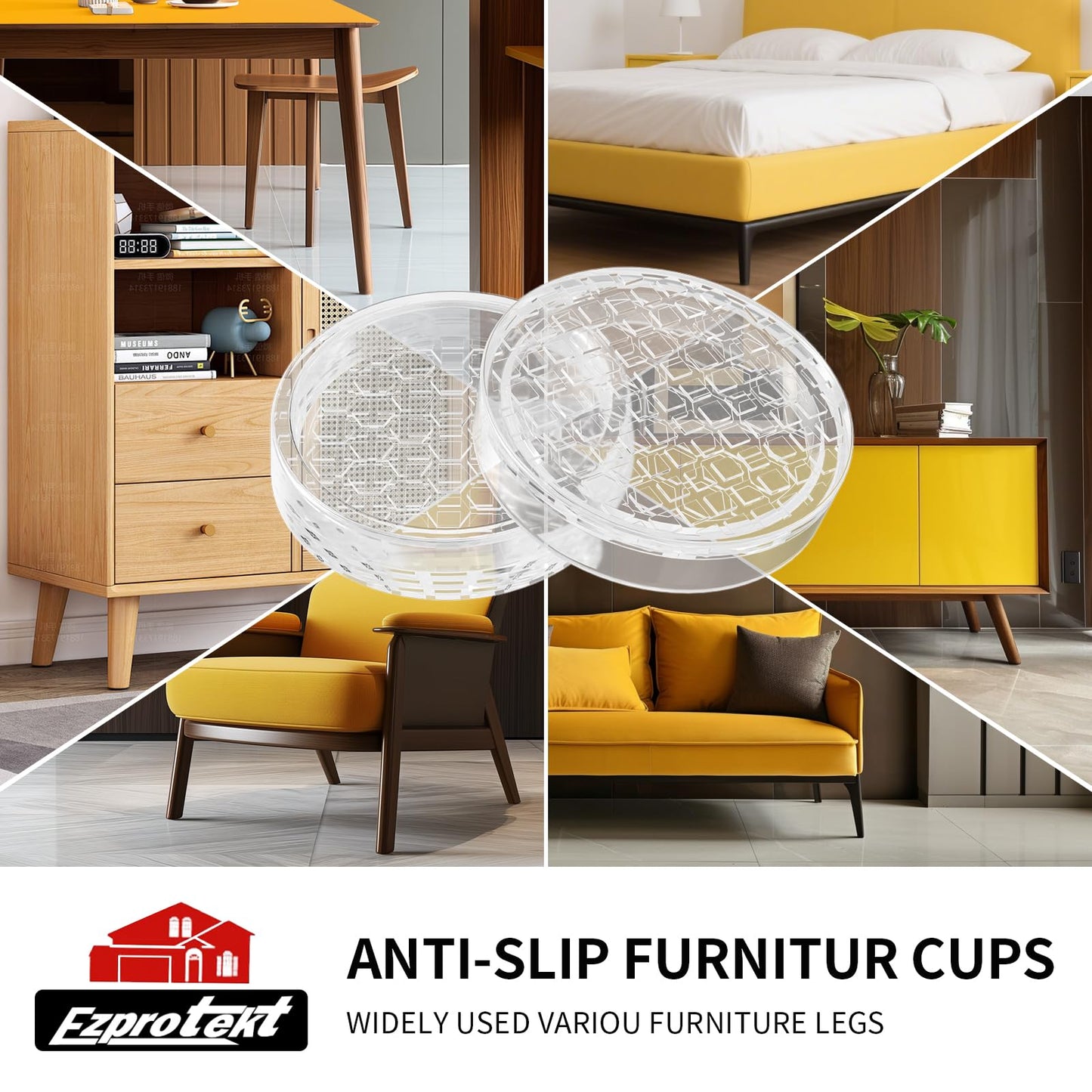 Ezprotekt 1.6 inch Clear Non Slip Furniture Pads for Hardwoods Floors, 16 Pcs Non Skid Round Rubber Furniture Coasters Cups Floor Protectors for Sofa Bed Couch Chair Desk, Prevent Scratches