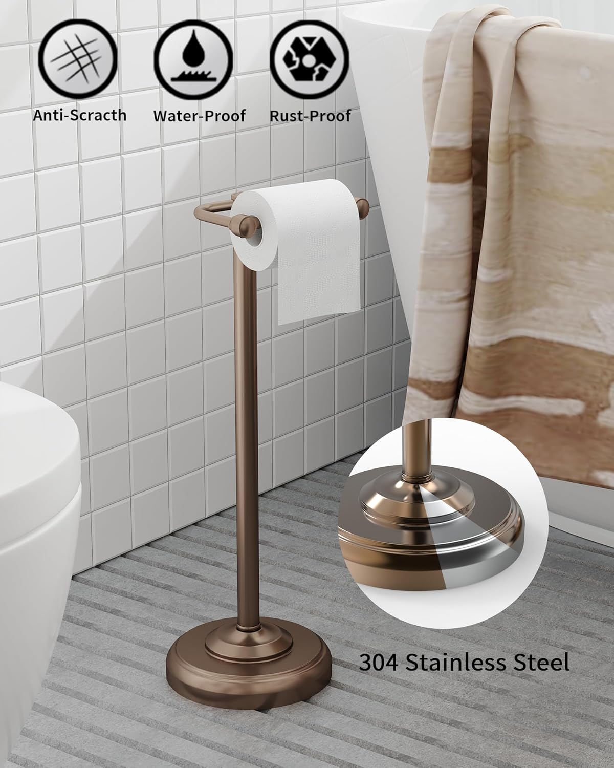 Brushed Nickel Free Standing Toilet Paper Holder with Pivoting Design & Weighted Base