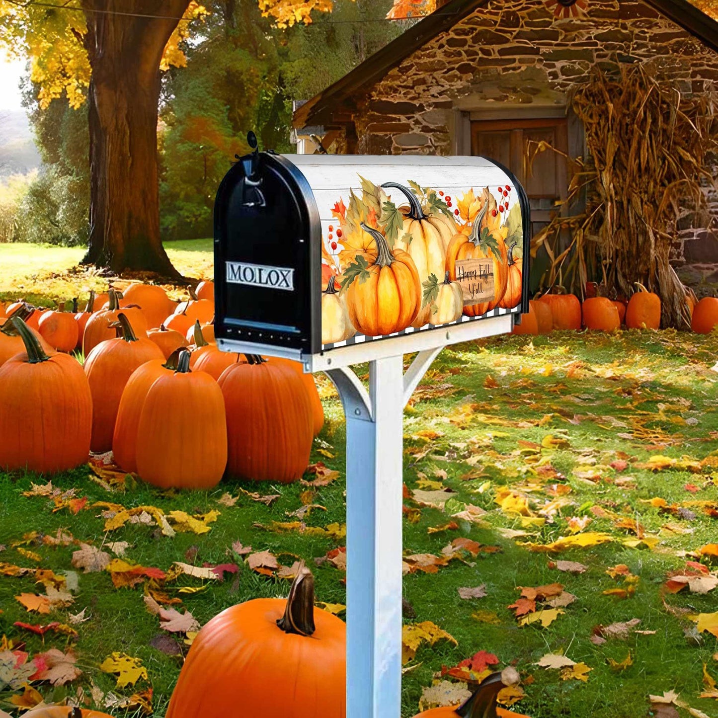 Happy Fall Y'all Pumpkin Maple Leaf Magnetic Mailbox Cover Standard Size 18" x 21" - Thanksgiving Harvest Autumn Letter Box Covers Decor for Outdoor Home Garden