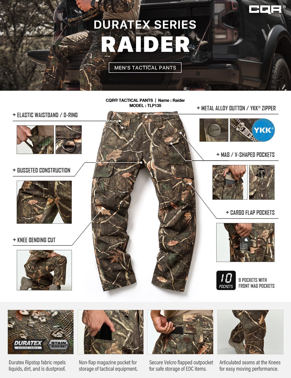 CQR Men's Tactical Pants, Water Resistant Ripstop Cargo Pants, Lightweight EDC Work Hiking Pants, Outdoor Apparel, Duratex Mag Pocket Print Hunting Camo, 44W x 30L