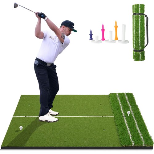DCQ Real Feel 5x4ft Golf Hitting Mat – Large Dual Turf, Alignment & Angle of Approach Aid, Golf Mat Practice Outdoor & Indoor, Driving Chipping Putting,Golf Training Swing Mat,Gift for Men Dad Golfer