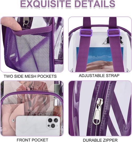 Busiuw Clear Backpack - Stadium-Approved Design with Front Pocket | 12"x12"x6" | Purple Color