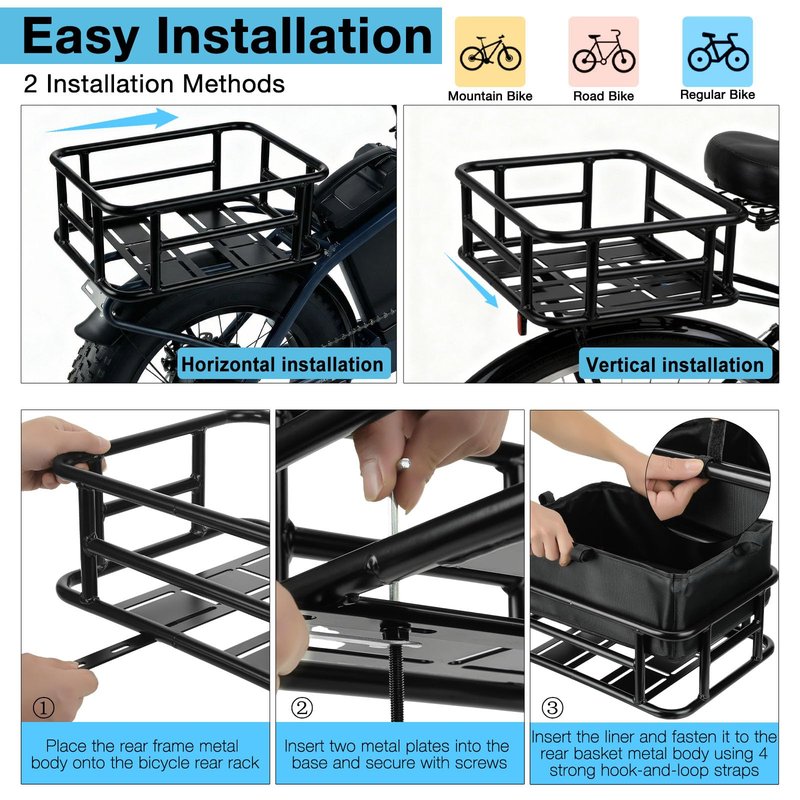 Bike Basket Rear - Large Capacity Heavy Duty Bicycle Basket with Liner,Cargo Net,Waterproof Cover - Ebike Accessories for Adult Bikes,Electric Bike,Carrying Grocery,Ball,Dog