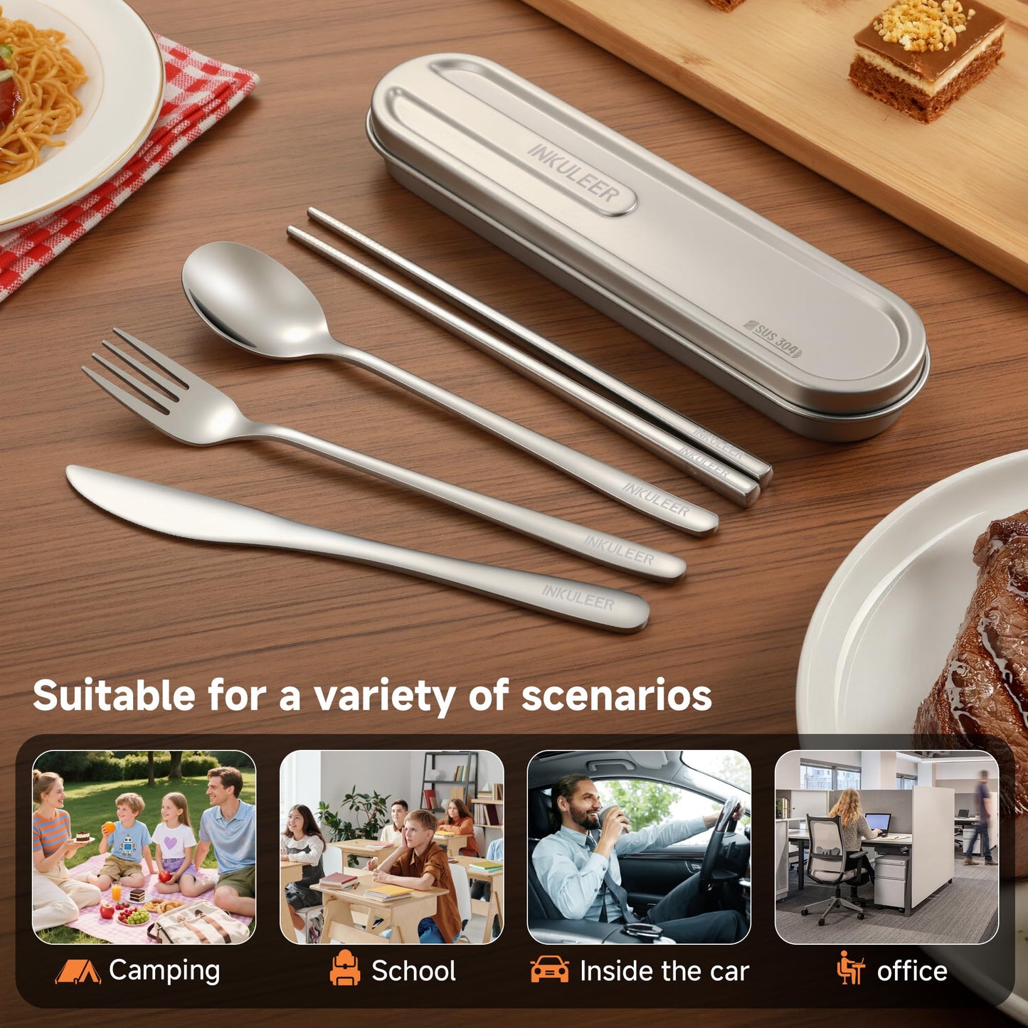 iNKULEER Travel cutlery set, 18/8 stainless steel cutlery, Reusable utensils set with case, Portable Silverware Lunch Box for Camping and Office-Stainless steel