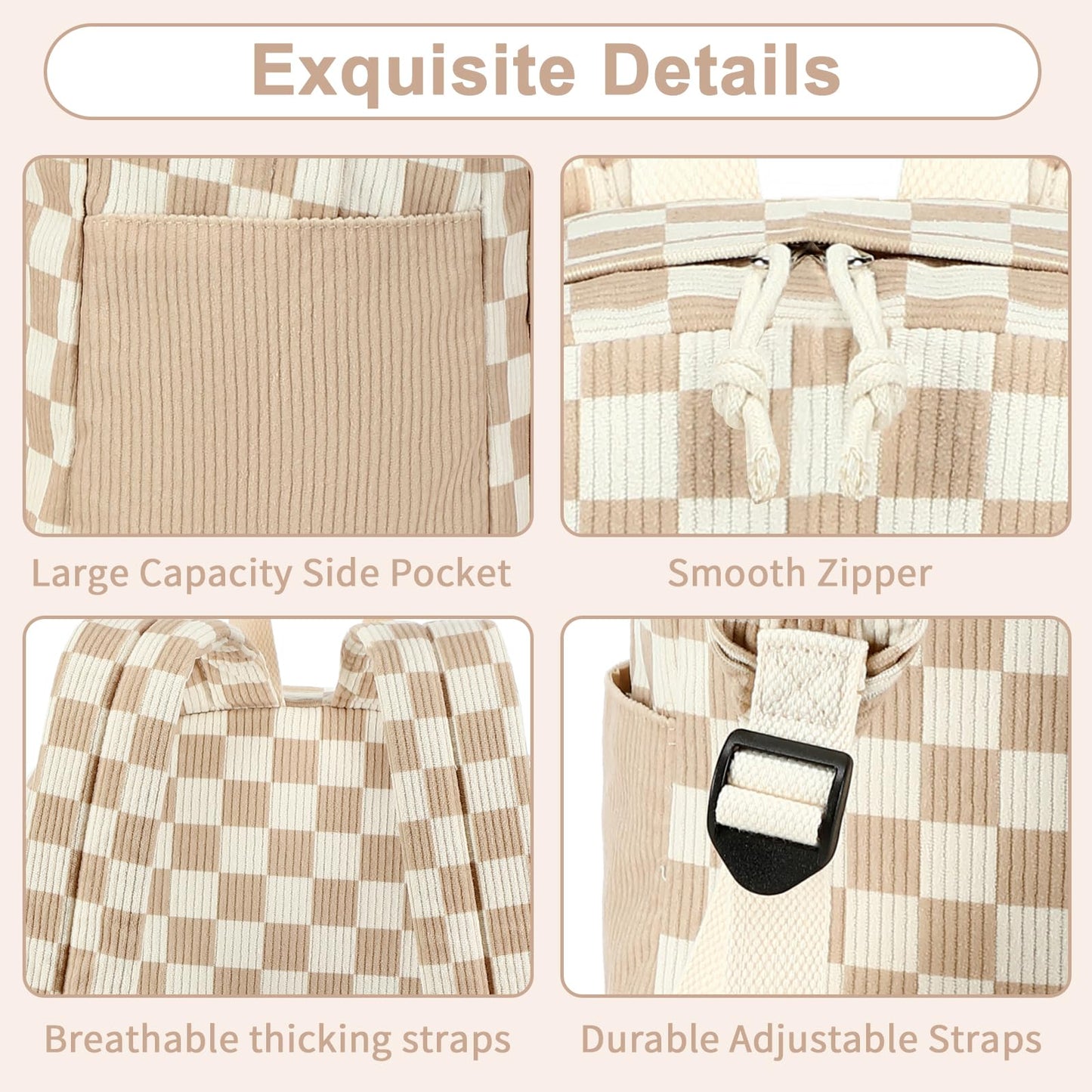 CAMTOP Backpack for Teen Girls Corduroy Bookbags Elementary Middle High School School Bag Lightweight Women Travel Casual Daypacks (Brown White Grid)