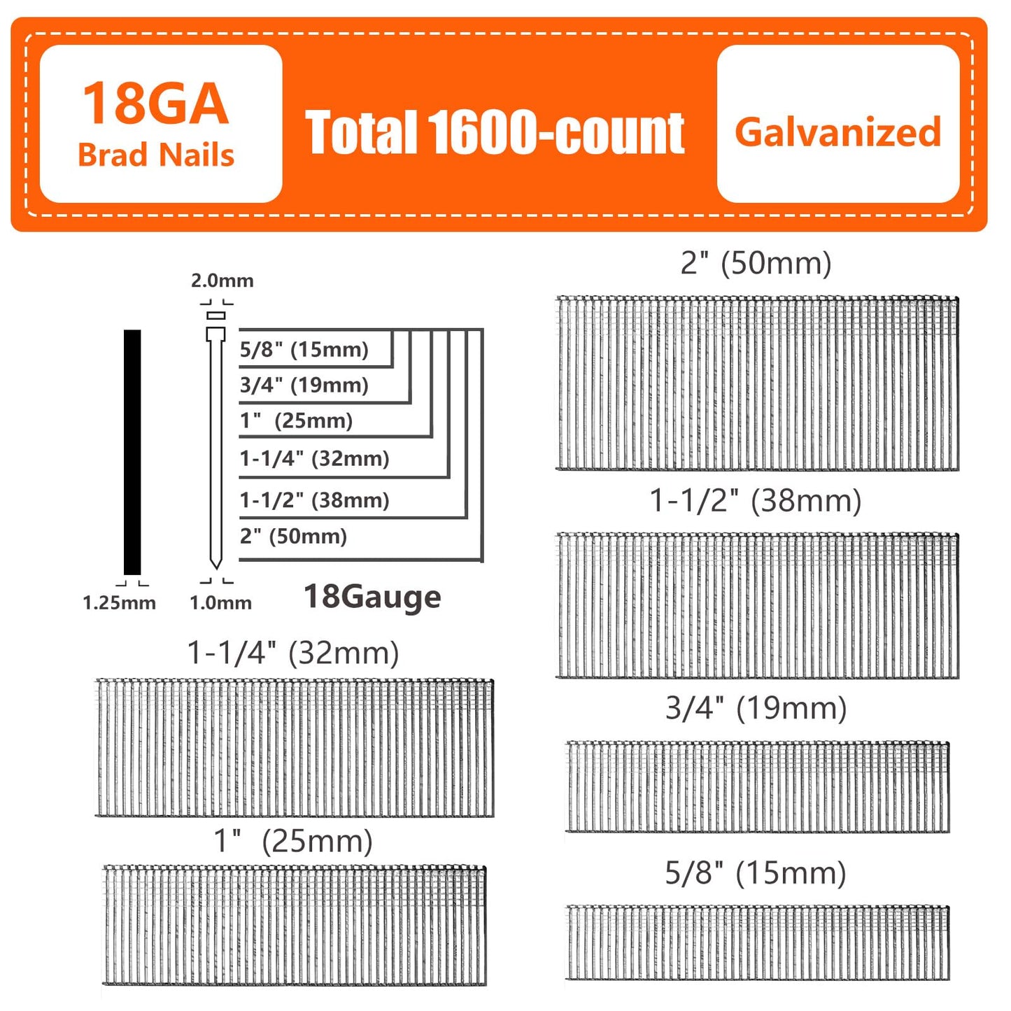 SITLDY 18 Gauge Galvanized Brad Nails Brown T-head 6 Sizes 1600-Pack (5/8"+3/4"+1"+1-1/4"+1-1/2"+2"), Assorted Size Project Pack, for Pneumatic, Electric 18GA Brad Nailer Gun