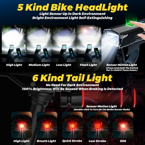 2025 Anti-Glare Front Rear Sensor 3000 Bike Lights, 5+6 Kind Warning Modes Bicycle Light and Tail Light Set, Long Time Waterproof Bike Accessories for Night Riding City Streets Mountain, Black