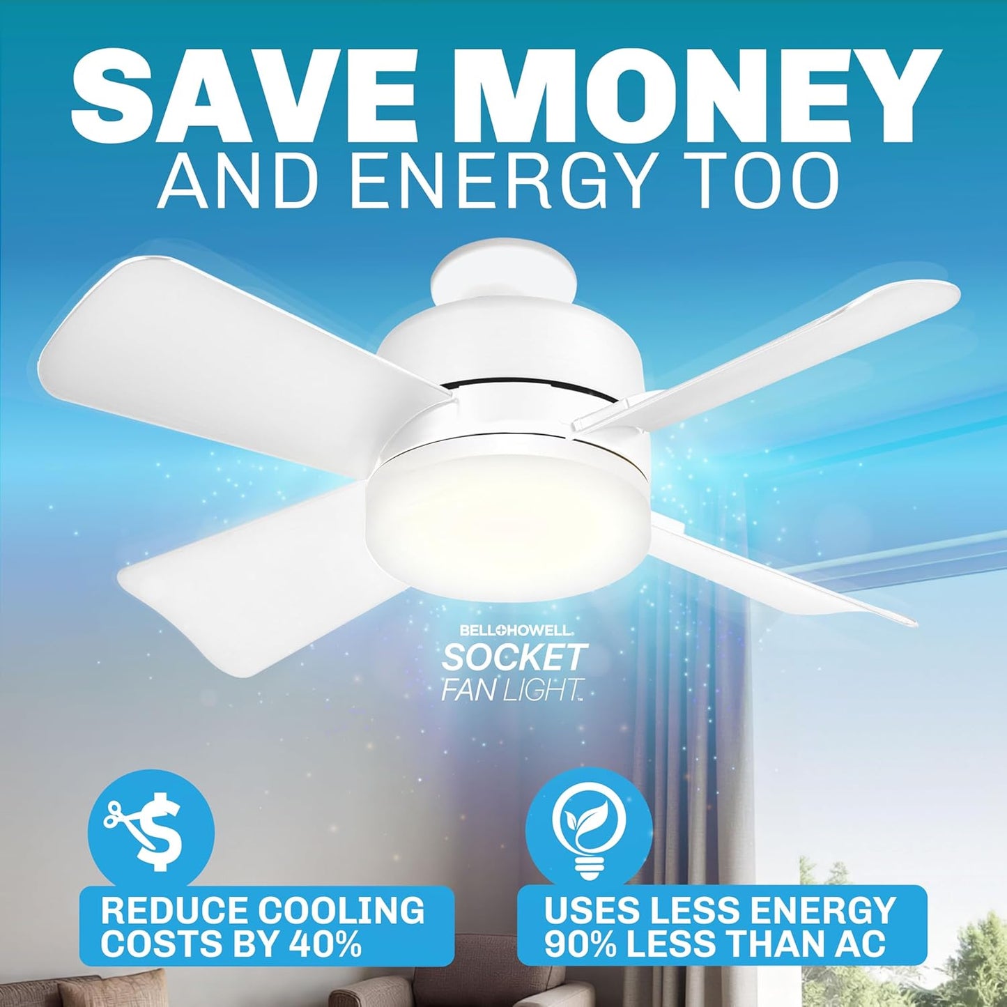 Socket Breeze Ceiling Fan with Light & Remote - Portable 3500K 1000 Lumens E26/E27